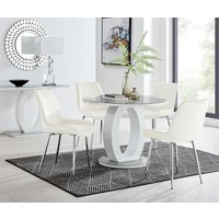 FurnitureboxUK Giovani Round 4 Seat 100cm White High Gloss Halo Base Grey Glass Top Dining Table 4 Soft Velvet Silver Leg Pesaro Chairs in Cream