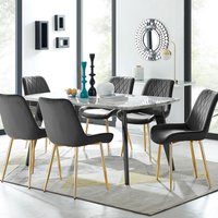 FurnitureboxUK Andria Marble Effect Dining Table With Black Legs & 6 Pesaro Velvet Gold Leg Chairs
