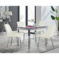 FurnitureboxUK Enna White Glass Extending 4-6 Seater Dining Table & 4 Pesaro Soft Velvet Chairs in Cream