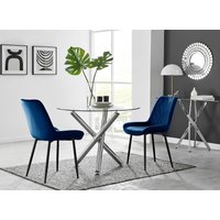 FurnitureboxUK Selina Round Glass Chrome Leg Dining Table & Pesaro Black Leg Chairs in Navy | Size: 2 Person