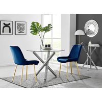 FurnitureboxUK Selina Round Glass Chrome Leg Dining Table & Pesaro Gold Leg Chairs in Navy | Size: 2 Person