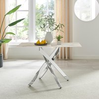 FurnitureboxUK Leonardo 4-Seater Dining Table With Marble Effect Glass Top & Silver Metal Legs in White