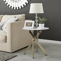 FurnitureboxUK Novara Round Marble Effect Glass Top Side Table With Gold Metal Starburst Legs in White