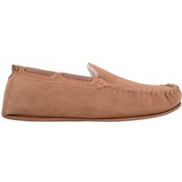 SNUGRUGS Men's Easy Slip On Suede Berber Fleece Winter Moccasin Slippers with Leather Trim in Tan | Size: 11