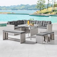 Home Detail Chile Rattan Corner Outdoor Dining Garden Furniture Set Sofa Table Bench & 2 Stools in Grey