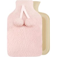 Smart Living Soft Hot Water Bottle with Pompom Fleece Cover - 23x35cm in Pink | Size: 23x35 cm