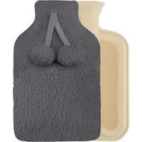 Smart Living Soft Hot Water Bottle with Pompom Fleece Cover - 23x35cm in Charcoal | Size: 23x35 cm