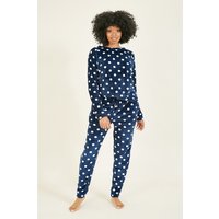 Yumi Women's Navy Spot Super Soft Fleece Pyjamas | Size: 12