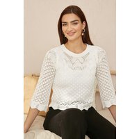 Yumi Women's Ivory Crochet Knitted Stop With Scallop Edge | Size: Large