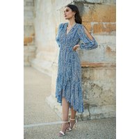 Yumi Women's Blue Paisley Dipped Hemline Midi Dress With Open Long Sleeves | Size: 10