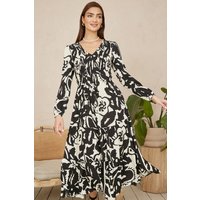 Yumi Women's Black Abstract Print Ruched Midi Dress With Long Sleeves | Size: 12