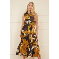 Cotton Leaf Midi Sleeveless Shirt Dress