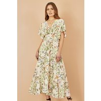 Yumi Women's Ivory Floral Print Ruched Waist Midi Dress With Kimono Sleeves in Beige | Size: 12