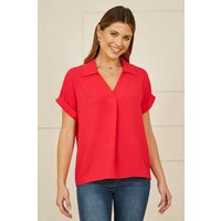 Yumi Women's Red Stretch Relaxed Top With Collar | Size: Small