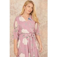 Yumi Women's Pink Bird & Floral Print Midi Wrap Dress | Size: 18