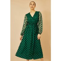 Spot Mesh Wrap Midi Skater Dress