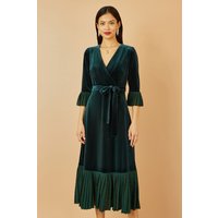 Velvet Wrap Midi Dress Contrast Hemline