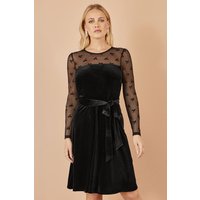 Yumi Women's Black Velvet Skater Dress With Mesh Bow Sleeves | Size: 10