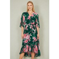 Dark Green Kimono Sleeves Midi Dip Hem Wrap Midi Dress