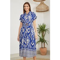 Yumi Women's Blue Abstract Geo Print Relaxed Midi Shirt Dress With Belt | Size: 10