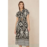 Yumi Women's Black Abstract Geo Print Relaxed Midi Shirt Dress With Belt | Size: 12