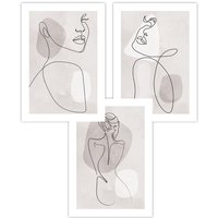 ARTZE Set of 3 Beige & Grey Female Line Art Prints 30(W) x 42cm(H) in Light Beige