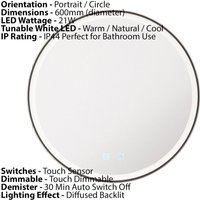 Loops 600mm IP44 MATT BLACK Round LED Bathroom Mirror & Demister Tunable White Border