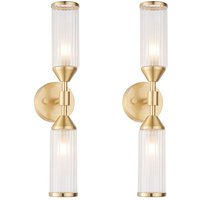 Loops 2 PACK Satin Brass Twin Wall Light & Ribbed Glass Shades Frosted Glass Defusers in Clear