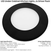 Loops 3x MATT BLACK Ultra-Slim Round Under Cabinet Kitchen Light & Driver Kit - Warm White Diffused LED