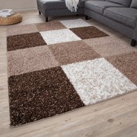 THE RUGS Soft Check High Pile Shaggy Rugs & Runners Living Room Bedroom 381 in Brown | Size: 160 cm x 230 cm