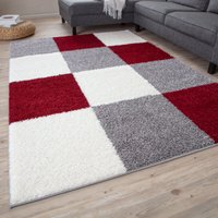 THE RUGS Soft Check High Pile Shaggy Rugs & Runners Living Room Bedroom 381 in Red | Size: 60 cm x 110 cm