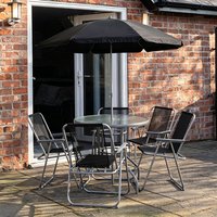 Samuel Alexander 4 Seater Garden Table & Chairs Set 4 Folding Chairs Outdoor Glass Table Garden Dining Set w/ Black Parasol Umbrella Patio Furniture