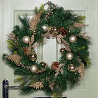60cm Hanging Christmas Wreath With Gold Baubles, Pinecones & Glitter Berries