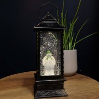 28cm Dual Power LED Christmas Glitter Water Spinner Rustic Lantern The Snowman & The Snow Dog Scene, Black