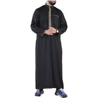 Arabic Thobes Men's Thobe Jubba Emirati Islamic Arabic Eid Embroidery Kaftan Jubbah Robe in Black | Size: XL