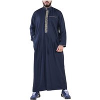 Arabic Thobes Men's Thobe Jubba Emirati Islamic Arabic Eid Embroidery Kaftan Jubbah Robe in Navy | Size: XL