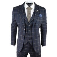 Infinity Leather Men's Check 3 Piece Tweed Suit Peaky Blinders 1920s Gatsby Tailored Fit in Navy | Size: 50R