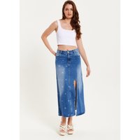 Liquorish Women's Polka Dot Midi Denim Skirt in Blue | Size: 10