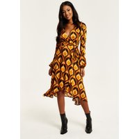 Liquorish Women's Balloon Sleeve Retro Print Midi Fake Wrap Dress | Size: 8