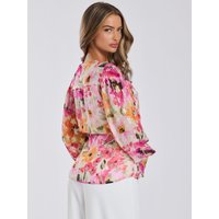 Print Metallic Wrap Tie Blouse