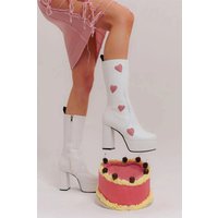 Lamoda Women's Game Of Love White PU Pink Heart Platform Calf Boots - Chunky Gothic | Size: 7
