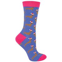 Miss Sparrow Women's 1 Pack Novelty Christmas Sausage Dog Bamboo Socks in Blue | Size: 4-8