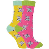 Miss Sparrow Girl's 2 Pack Animal Pattern Soft Breathable Bamboo Socks in Yellow | Size: 7-9 Years