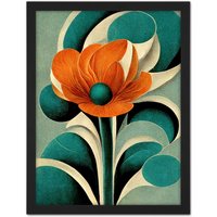 Artery8 Wall Art Print Art Deco Poppy Flower Teal Orange Cream Large Framed Wall Décor Art in Light Oak | Size: W18" x H24"