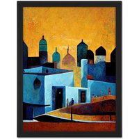 Artery8 Wall Art Print Moroccan African Cityscape Modern Blue Yellow Large Framed Wall Décor Art in White | Size: W18" x H24"