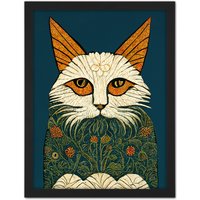 Artery8 Wall Art Print Melancholy Moggie Cat William Morris Style Teal Gold Large Framed Wall Décor Art in Light Oak | Size: W18" x H24"