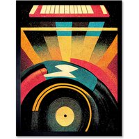 Artery8 Wall Art Print Retro Record Player DJ Decks Turntable Abstract Art Framed in Black | Size: W12" x H16"