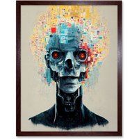 Artery8 Wall Art Print Android Cyborg AI Skull With Infrared Eyes Art Framed in Brown | Size: W12" x H16"