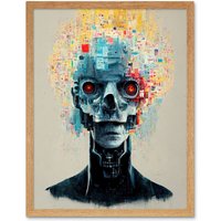 Artery8 Wall Art Print Android Cyborg AI Skull With Infrared Eyes Art Framed in Light Oak | Size: W12" x H16"