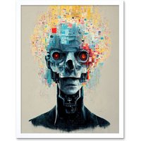 Artery8 Wall Art Print Android Cyborg AI Skull With Infrared Eyes Art Framed in White | Size: W12" x H16"